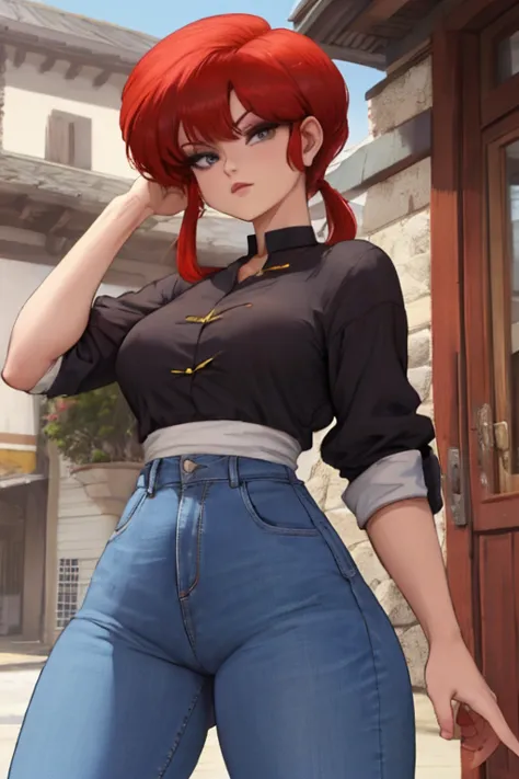 Female Ranma Saotome. Redhead. small, droopy breasts. Big Hips. choker. jeans. shirt