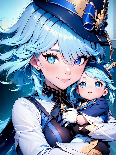 Furina from Genshin impact, 1woman, as a mother, holding a little baby boy, light blue colour hair, 8k, high detailed, high qual...