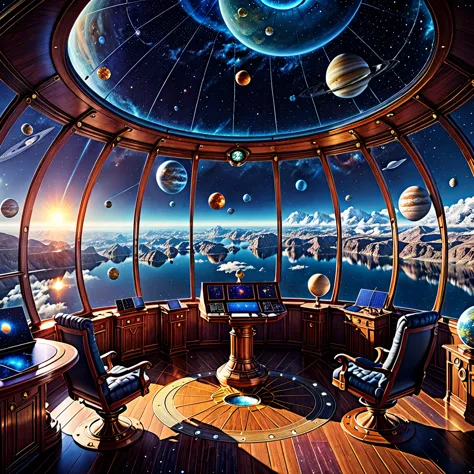 Spectacular view of the solar system from an airship cabin, (Ultra-high resolution,8K),Fantasy, The world of picture books