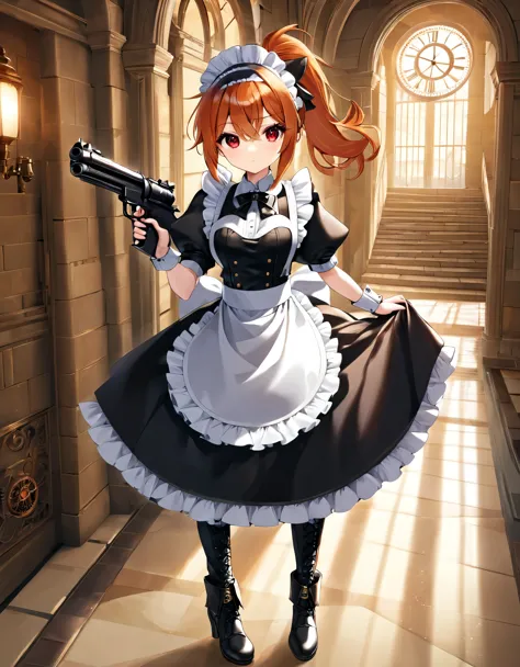 (best quality,4k,8k,highres,masterpiece:1.2),ultra-detailed, (1girl) A cute teenage gunslinger maid with red eyes, drawn in anim...