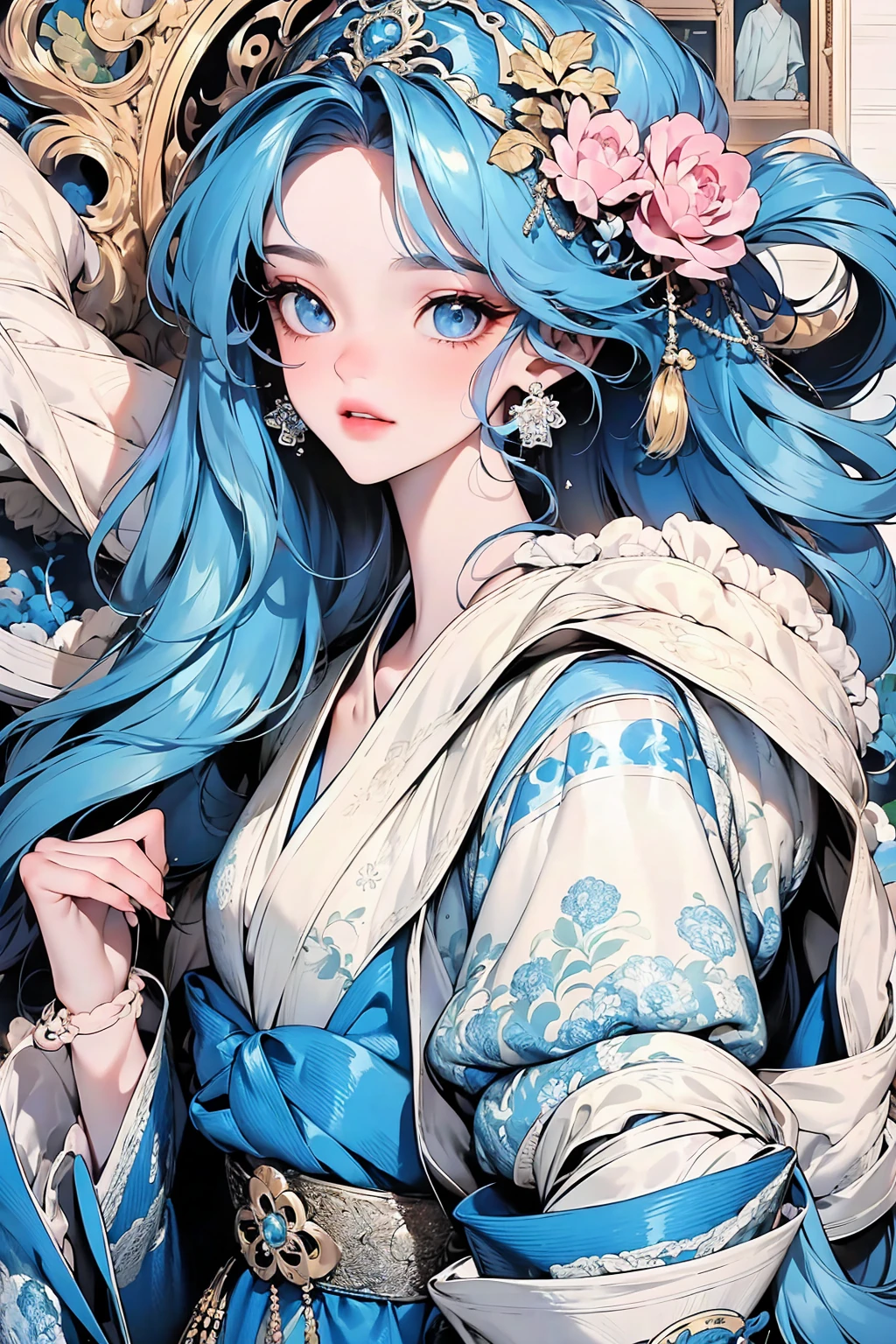 1fille ，seulement，yeux de couleur bleue，cheveux flottants，peau claire，adorable，Yeux délicats et agiles，Intricate peacock-themed damask hanFu，accessoires magnifiques，Fov，F/1.8，chef-d&#39;œuvre，Architecture chinoise ancienne，ciel bleu，Petals Flying，Portrait frontal，Éclairage latéral，Le soleil brille sur les gens，Voile buccal 8K,détails les plus élevés， extremelydetailedeyesandFace，