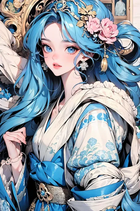 1girll ，Solo，blue color eyes，Floating hair，Fair skin，adolable，Delicate and agile eyes，Intricate peacock-themed damask hanfu，Gorg...