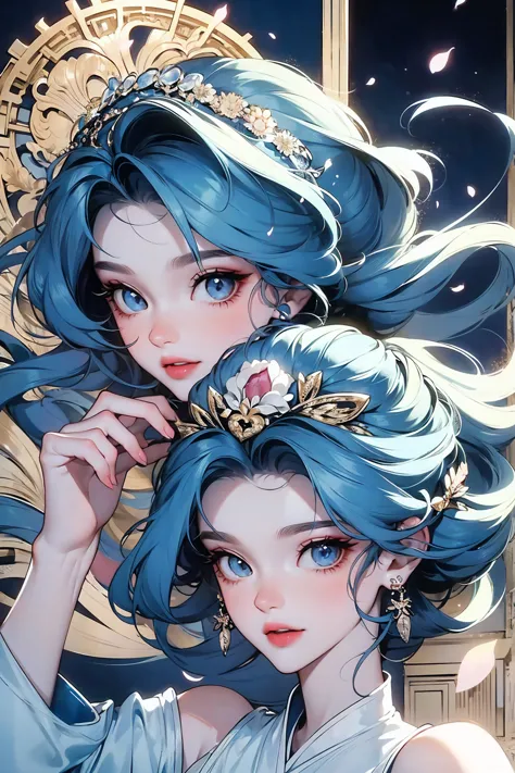 1girll ，Solo，blue color eyes，Floating hair，Fair skin，adolable，Delicate and agile eyes，Intricate peacock-themed damask hanfu，Gorg...