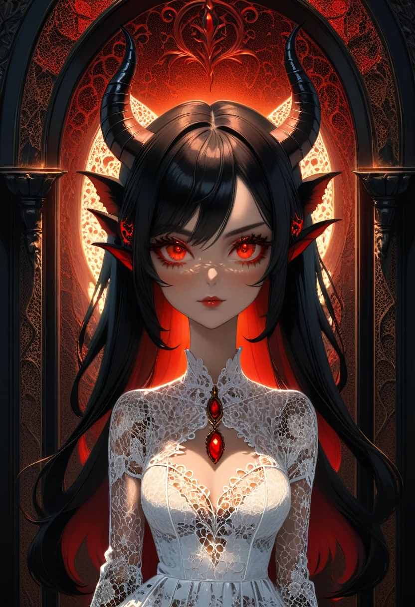 epic good looking succubus wearing a (white lace: 1.2) dress (intense details, Masterpiece, best details: 1.6), (wearing elegant stylish red rimmed glasses:1.1) (intricate details, Masterpiece, best details: 1.6), full body (intense details, Masterpiece, best details: 1.6), ultra detailed face (intense details, Masterpiece, best details: 1.5),standing in the door entrance, holding a red and gold ring (intense details, Masterpiece, best details: 1.6), black hair, long hair, red eyes, glowing eyes, small horns, red high heels, dim light, high details, best quality, 8k, [ultra detailed], masterpiece, best quality, (extremely detailed), ultra wide shot, photorealistic, gothic art, sense of darkness, sense of seduction, fiery magic symbols (intense details, Masterpiece, best details: 1.6),in the background, lace drawing, Dark Art Painting Style, dark, black and color