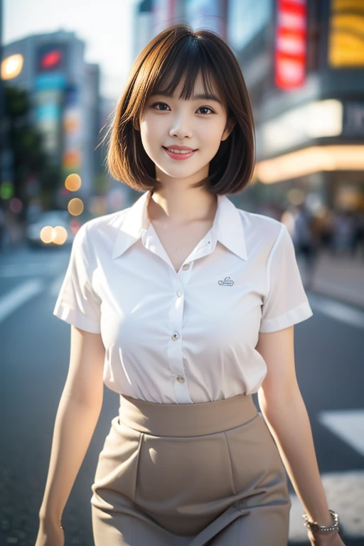 (A gorgeous Chinese office lady, age 22, wearing formal office attire, short-sleeve white shirt with collar and buttons, grey pencil skirt, walking in Shibuya night skyline, friendly and kind expression, gentle smile, dimpled smile, cute snaggle-tooth, Korean Bob Haircut Side-Bangs-Sophistication, symmetrical face, beautiful detailed face, bright_and_full_of_warmth_eyes, detailed eyes, ample round bosom, photorealistic, hyper-realism, high contrast, ultra HD, realistic skin textures, top image quality, top-quality, super high resolution, fine details, very meticulously, masterpiece, head to knees, the Cowboy shot, romantic atmosphere, bokeh night background)