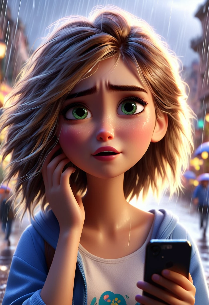 Disney pixar style 3D photo of white teenage girl in disney pixar style, hazel eyes, crying, blur, phone in hand, broken love, messy hair, rain real photo, super high resolution,. Pixar's digital art style is focused on expressing a vibrant personality. Colors and textures are accurate.