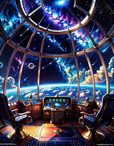 Spectacular views of the galaxy from an airship cabin, (Ultra-high resolution,8K),Fantasy, The world of picture books