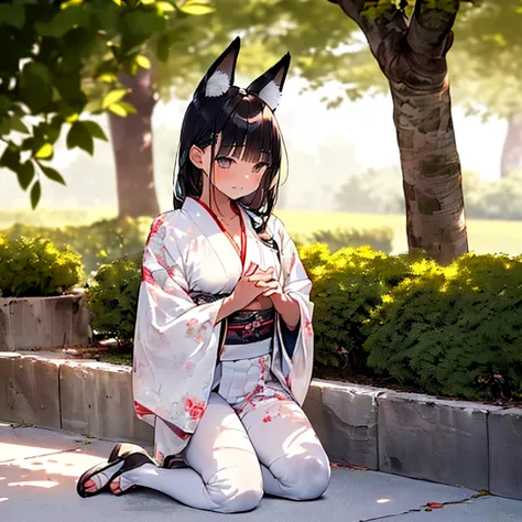 (Fox Girl, Fox Ears, Black colored hair, Fox Makeup, One Girl, Long Hair:1.6), (kimono, Kimono with open chest, A beautiful kimo...