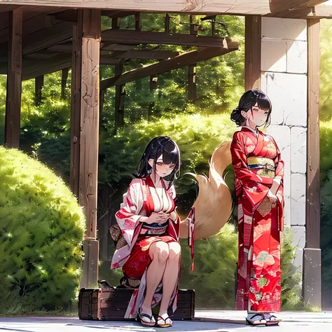 (Fox Girl, Fox Ears, Black colored hair, Fox Makeup, One Girl, Long Hair:1.6), (kimono, Kimono with open chest, A beautiful kimo...