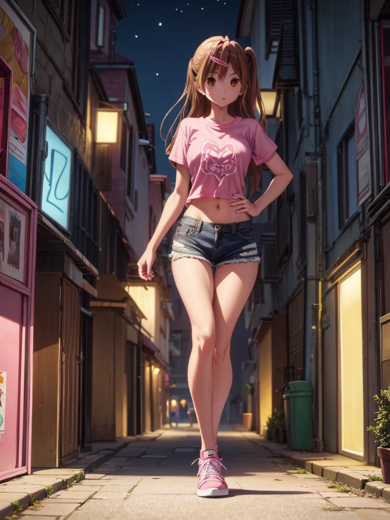 Girl, slim tight t-shirt, slim skirt, pink thong, navel shown, street background, openlegs, in Sneakers, night, Narrow alley between houses 