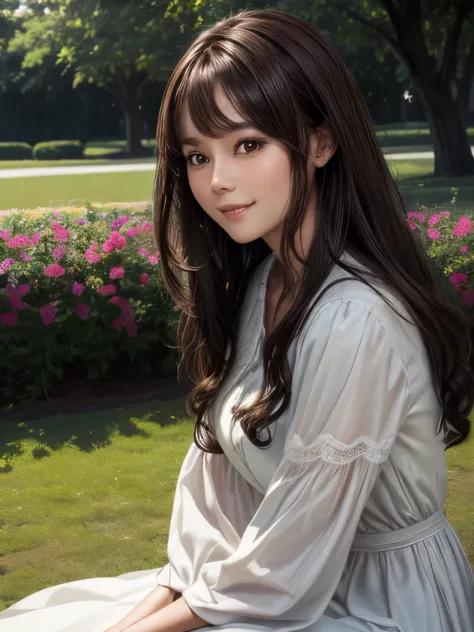 3d,masterpiece、The  is a beautiful girl,(((alone)))、, Sitting on a tree in the park,Long dress women, (((Portrait Realism))), (A...