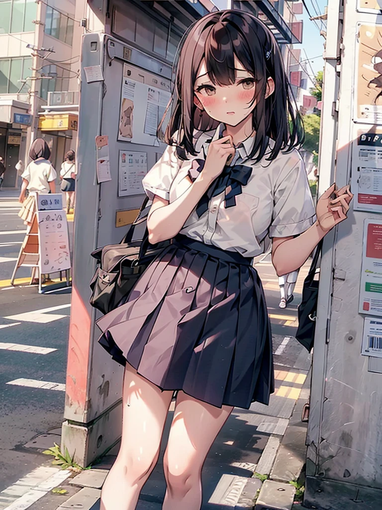 (pussy juice:1.5,shame, blush),Are standing, Navy pleated skirt, On the way to school, blush
