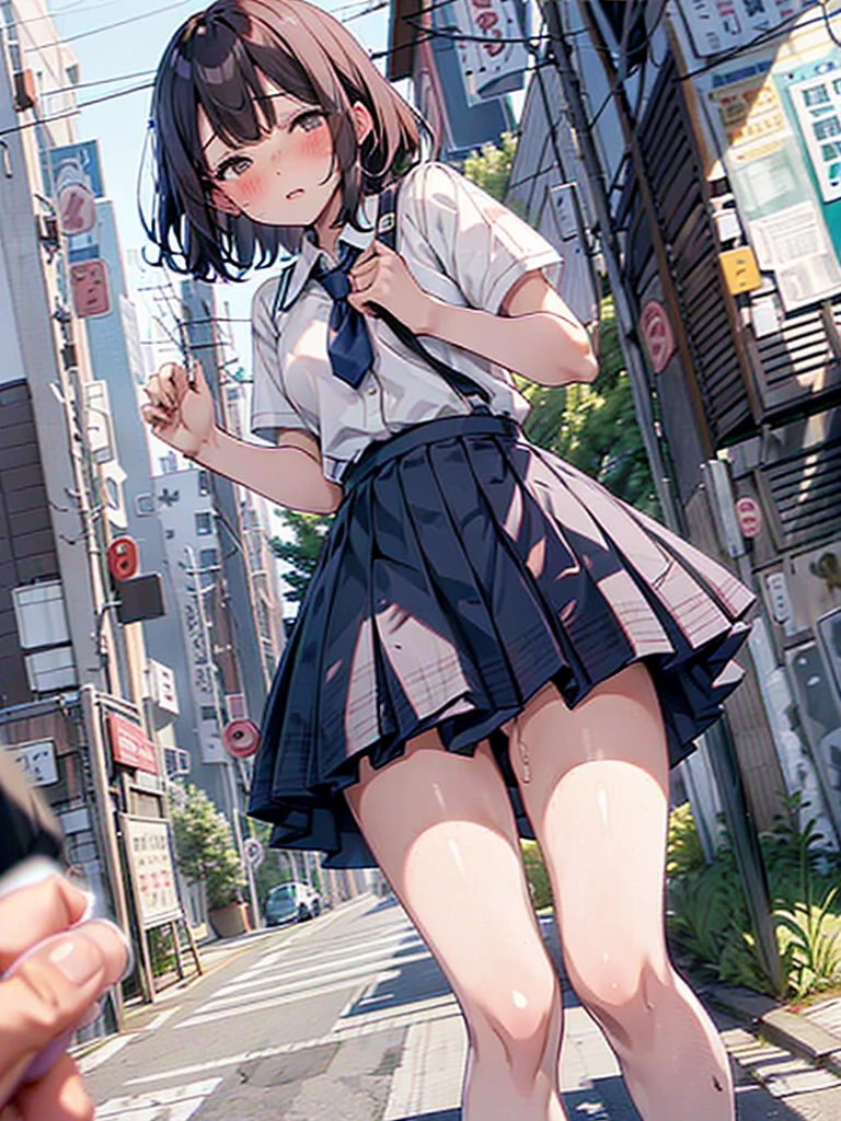 (pussy juice:1.5,shame, blush),Are standing, Navy pleated skirt, On the way to school, blush
