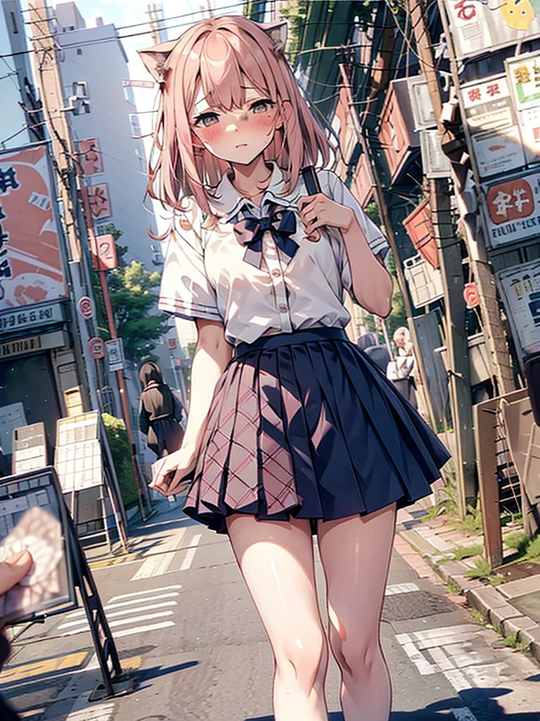 (pussy juice:1.5,shame, blush),Are standing, Navy pleated skirt, On the way to school, blush
