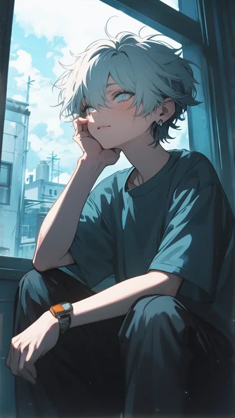 Beautiful young man, looking out the window at night, high quality, amount of drawing, pixiv illustration