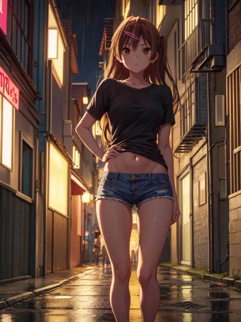 Girl, slim tight t-shirt, short Skirt, black thong, navel shown, street background, openlegs, in Sneakers, night, Narrow alley between houses, night, rain 