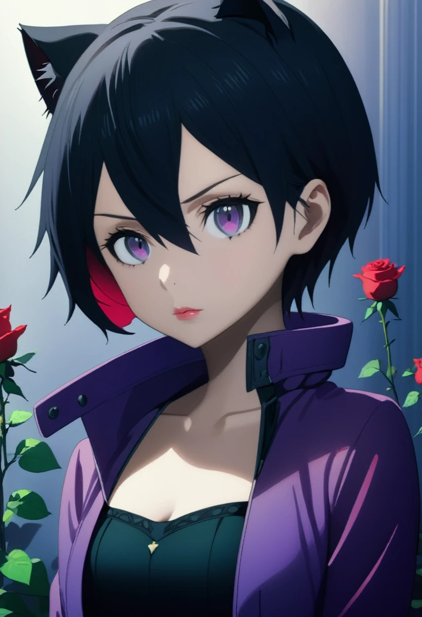 1 boy, black short hair, black cat ears, purple jacket, open jacket, exposing shoulders, red rose tattoos, tattoos covering the arms, beautiful detailed eyes, beautiful detailed lips, extremely detailed eyes and face, long eyelashes, (best quality,4k,8k,highres,masterpiece:1.2),ultra-detailed,(realistic,photorealistic,photo-realistic:1.37),digital painting, hyperrealistic, detailed background, dramatic lighting, moody atmosphere, cinematic composition, vibrant colors