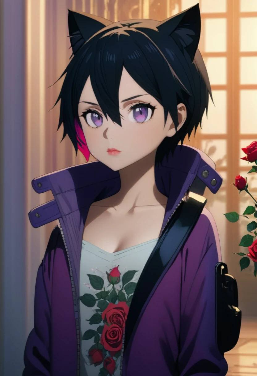 1 boy, black short hair, black cat ears, purple jacket, open jacket, exposing shoulders, red rose tattoos, tattoos covering the arms, beautiful detailed eyes, beautiful detailed lips, extremely detailed eyes and face, long eyelashes, (best quality,4k,8k,highres,masterpiece:1.2),ultra-detailed,(realistic,photorealistic,photo-realistic:1.37),digital painting, hyperrealistic, detailed background, dramatic lighting, moody atmosphere, cinematic composition, vibrant colors