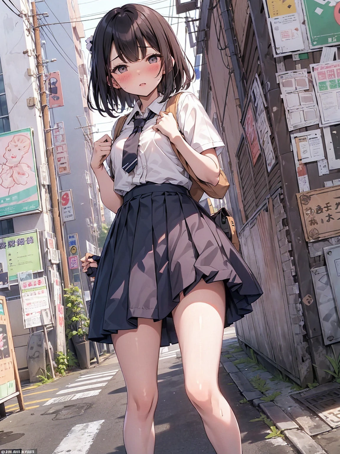 (pussy juice:1.5,shame, blush),Are standing, Navy pleated skirt, On the way to school, blush
