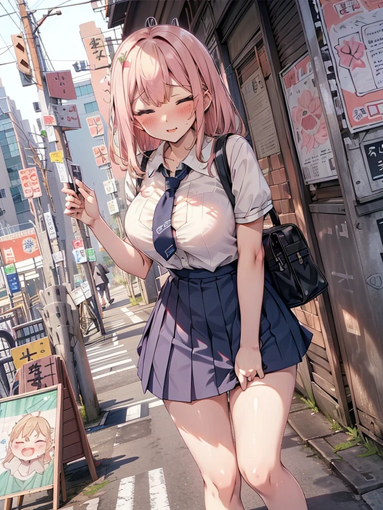 (pussy juice:1.5,ahegao, blush),Are standing, Navy pleated skirt, On the way to school, blush
