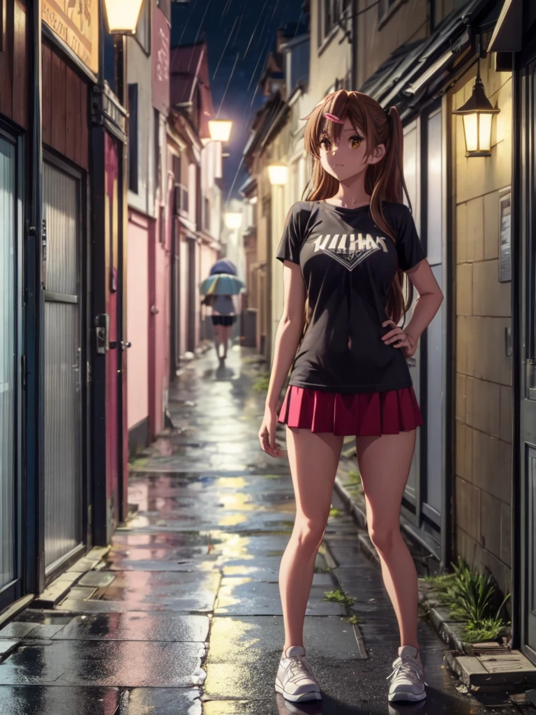 Girl, slim tight t-shirt, short Skirt, navel shown, street background, openlegs, in Sneakers, night, Narrow alley between houses, night, rain 