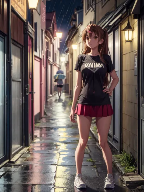 girl, slim tight t-shirt, short skirt, navel shown, street background, openlegs, in sneakers, night, narrow alley between houses...