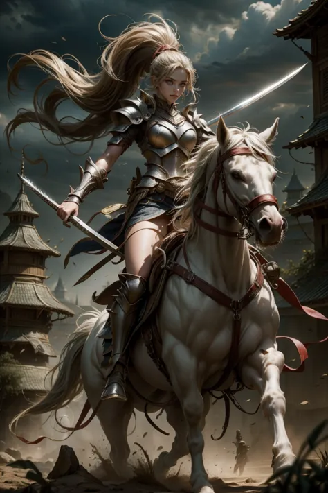 sexy swordsman knight woman riding on a horse on the battlefield