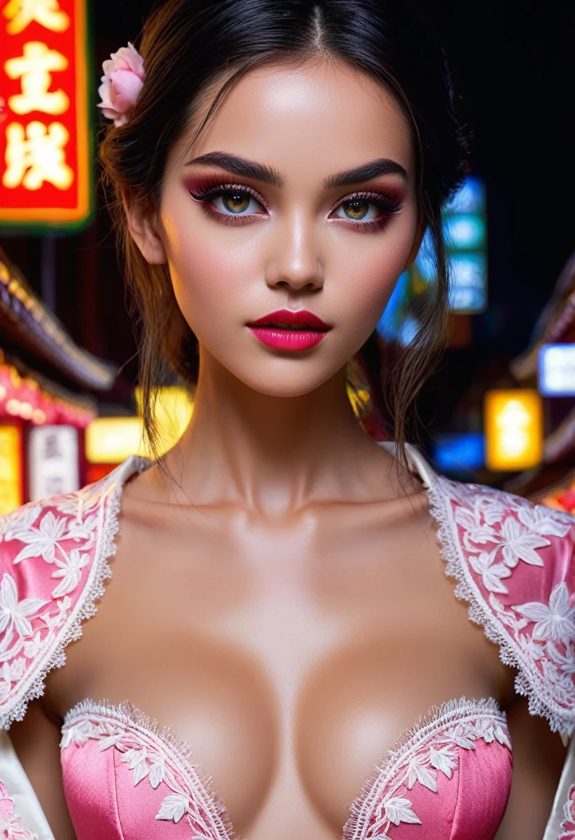 Divide Ratio : 1,1,1 Base Ratio: (masterpiece: 1.3 ), (high resolution photorealistic Realism 16K Quality): (ultra_detailed, UHD:1.2), Extremely detail CG unity 8k wallpaper, depth of field, Fujicolor, (best quality), Fantasy, Artistic, A delicate fairy with mature features, puffy lips, and stunning realistic eyes, (ultra absurd quality, extremely detailed detail, ultra resolution, clear sharp focus, not blurry, (Realistic brown_eyes)), perfect dark_eyeshadows:1.2, a (girl 22-year-old),fashion supermodel,(best high quality real texture skin:1.4),(ebony skin female),(best quality texture hair:1.4),BREAK,((black hair (slicked to the side) Intricately detailed:1.3)),night((outside,in the Chinatown at night:1.3)),(best high quality:1.4),(soft neon lighting on the face and body),(perfect proportions),(anatomically correct),(perfect female body:1.4),(firm big full breasts:1.4),slim face,beautiful cheekbones,((slim,swell-muscled body:1.3)),(Insanely beautiful face),(realistic face),(Insanely detailed face),((super realistic sharp-eyes)), (tired and sleepy and satisfied:0.0), perfect round eyes, finely detailed pupils, ((long legs)), detailed lips:1.3,(pink_makeup:1.15),(red_lipstick:1.1),(perfect dark_eyeshadows:1.3),(Insanely detailed makeup on eyes:1.3), iridescent eyes, with professional makeup, vibrant eyes:1.2, (Detailed nose:1.2),BREAK,((Insanely detailed BLACK((cut jacket cute)) wear:1.24)),dynamic pose,(long white-black lace dress((lace-up dress with Intricately detailed:1.44))),(random u%u top:1.25),exquisite balance of shadows,perfect composition,look at the viewer, ((show high exposed thighs:1.3)), Hasselblad, 85mm f/4.0, ((cowboy shot:1.4)), 