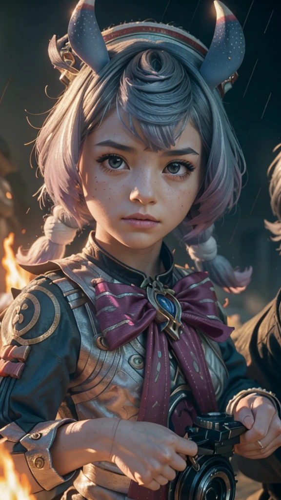 A young small girl in realistic painting portrait of high quality and detail, Sigewinne (Genshin Impact), although she has a uniquely human-like complexion and set of hands. Her pink eye color, tall blue ears with frosted tips and curled tail are much more reminiscent of a typical Melusine seen around Fontaine. Her hair color is pastel blue fading to a purple with white highlights. movie style, dark and mysterious atmosphere, glow, eye shadow, 1girl, thriller fantasy, Depth & Perspective, dramatic angry expression on her face, an intimidating look. she's holding a bow covered with blue flames in her hands, Mystical powers, fine face, She stands on the battlefield, outdoors, rain on the sky, thunderclaps in the sky in the background, dark cloud, looking at viewer, (ultra-high detail:1.2), Masterpiece, Best Quality, Ultra-detailed, Cinematic lighting, 8K, delicate features, cinematic, 35 mm lens, f/1.9, highlight lighting, global lighting –uplight –v 4, Cinematic lighting, 8K, high quality, Highest Quality, (Solo Focus), (extremly intricate:1.3), (Realistic), dramatic, masterful, Analog style, (Film grain:1.5), (warm hue, cold tone), destruction behind back