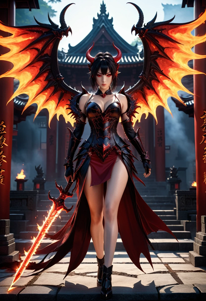 mais alta qualidade, Papel de parede CG Unity 8k altamente detalhado,Cenário de fantasia sombria,Linda fêmea de demônio japonês,,acessórios de pico,vestido apertado,olhos vermelhos,Asas do Diabo Ardente,cantos afiados,Tenha uma espada flamejante,fazer uma sombra,De pé no topo do templo,poder sobrenatural,Iluminação dinâmica, Profundidade do limite escrito, Melhor sombra, Modelo de difusão estável, espumante