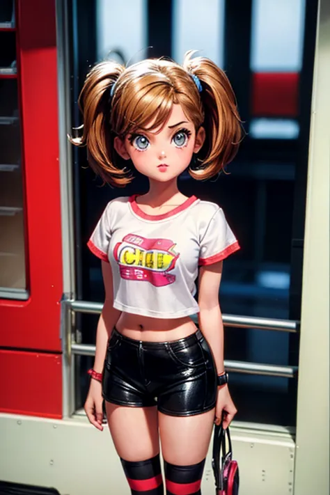 One Girl，Retro Gamer, 80s film style, Cheeky girl，Primary school students、Very short stature，Thin thighs，Gamer Fashion.