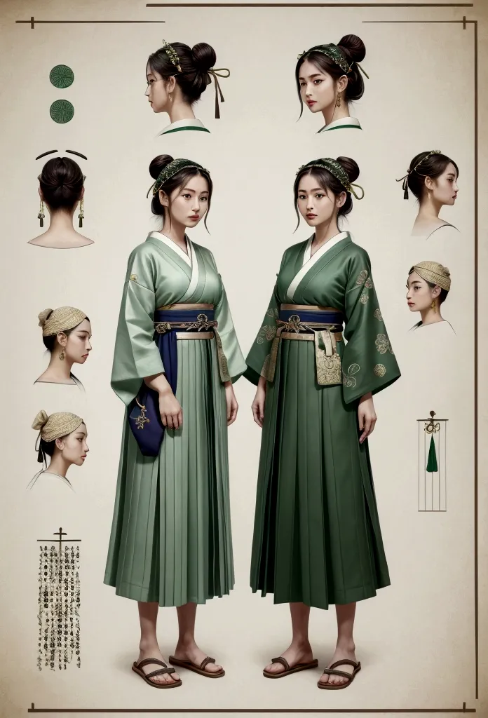 Create a practical yet refined outfit for commoners in a society inspired by ancient Japan with Greek clothing influences. The clothing should be made from durable, comfortable materials and feature simple yet elegant designs. Utilize shades of green and i...