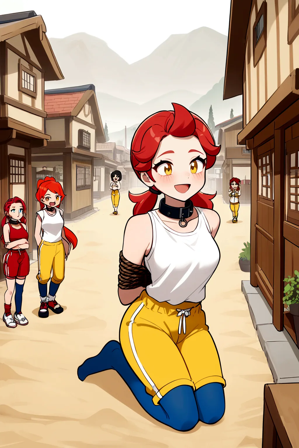 janet, janet brawl stars, red hair, red twintails hair, low twintails, happy, white t-shirt, white color sleeveless t-shirt, whi...