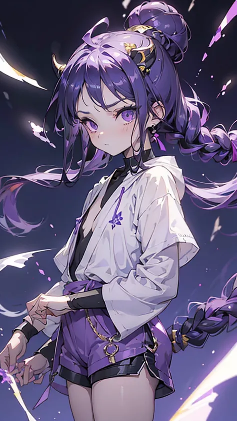 boy, thoughtful look, open forehead, black and purple hair braided into a ponytail on the left side in a bun. small curly black ...
