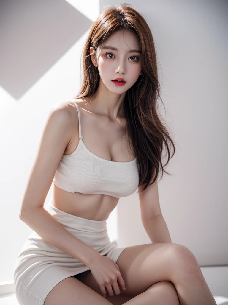 slim woman, red glossy lips,(Beautiful face), (best quality), (Awesome details), (A collection of 8k CG wallpapers that are very detailed.), Model photos, (stand up straight), (pure white background),(rift),(Big eyes),(average light source),(short skirt),(small breasts),