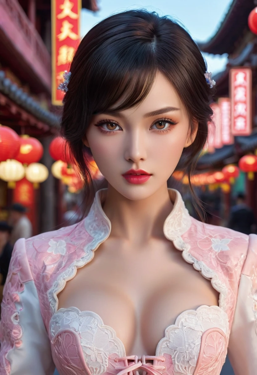 Divide Ratio : 1,1,1 Base Ratio: (masterpiece: 1.3 ), (high resolution photorealistic Realism 16K Quality): (ultra_detailed, UHD:1.2), Extremely detail CG unity 8k wallpaper, depth of field, Fujicolor, (best quality), Fantasy, Artistic, A delicate fairy with mature features, puffy lips, and stunning realistic eyes, (ultra absurd quality, extremely detailed detail, ultra resolution, clear sharp focus, not blurry, (Realistic brown_eyes)), perfect dark_eyeshadows:1.2, a (girl 22-year-old),fashion supermodel,(best high quality real texture skin:1.4),(ebony skin female),(best quality texture hair:1.4),BREAK,((black hair (slicked to the side) Intricately detailed:1.3)),night((outside,in the Chinatown at night:1.3)),(best high quality:1.4),(soft neon lighting on the face and body),(perfect proportions),(anatomically correct),(perfect female body:1.4),(firm big full breasts:1.4),slim face,beautiful cheekbones,((slim,swell-muscled body:1.3)),(Insanely beautiful face),(realistic face),(Insanely detailed face),((super realistic sharp-eyes)), (tired and sleepy and satisfied:0.0), perfect round eyes, finely detailed pupils, ((long legs)), detailed lips:1.3,(pink_makeup:1.15),(red_lipstick:1.1),(perfect dark_eyeshadows:1.3),(Insanely detailed makeup on eyes:1.3), iridescent eyes, with professional makeup, vibrant eyes:1.2, (Detailed nose:1.2),BREAK,((Insanely detailed BLACK((cut jacket cute)) wear:1.24)),dynamic pose,(long white-black lace dress((lace-up dress with Intricately detailed:1.44))),(random u%u top:1.25),exquisite balance of shadows,perfect composition,look at the viewer, ((show high exposed thighs:1.3)), Hasselblad, 85mm f/4.0, ((cowboy shot:1.4)), 