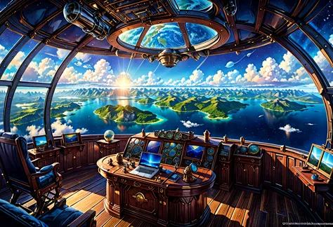 Highest quality, Spectacular view of Earth from an airship cabin, (Ultra-high resolution,8K),Fantasy, The world of picture books