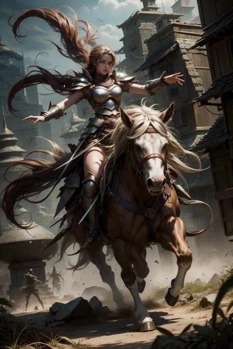 sexy swordsman knight woman riding on a horse on the battlefield