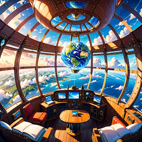 Highest quality, Spectacular view of Earth from an airship cabin, (Ultra-high resolution,8K),Fantasy, The world of picture books