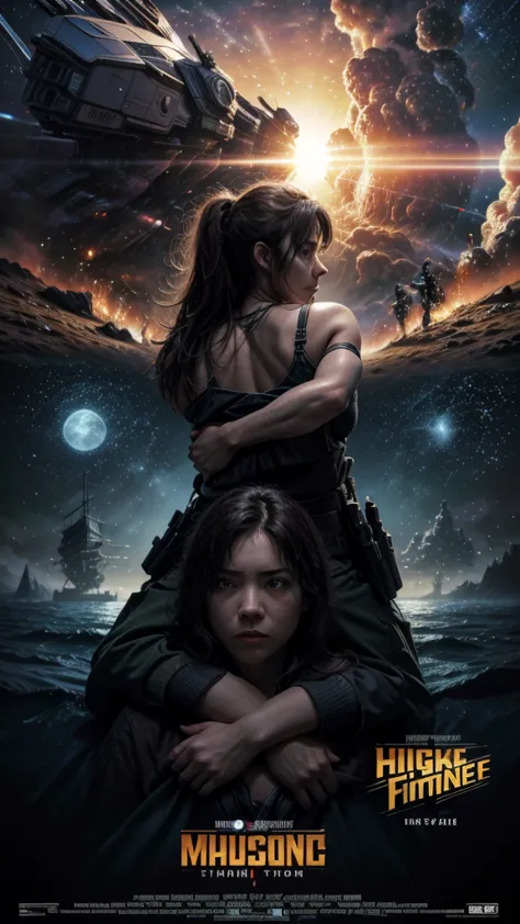 masterpiece in 8k, action movie poster, futuristic genre, the protagonist hugs a girl, in the background a ship, explosions, A p...