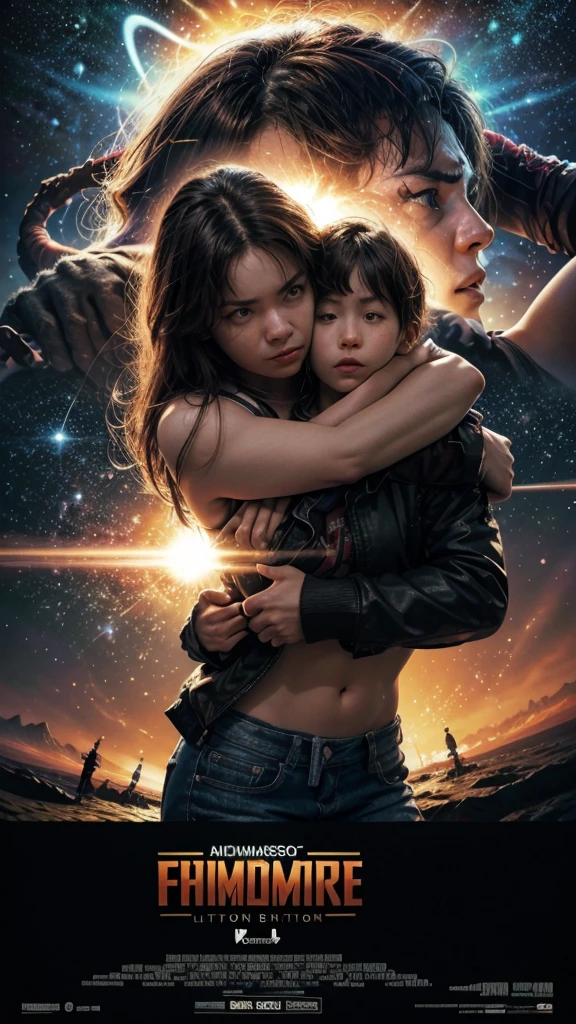 8kの傑作, アクション映画のポスター, 主人公は女の子を抱きしめる, 爆発, 惑星, 映画のタイトルの前に