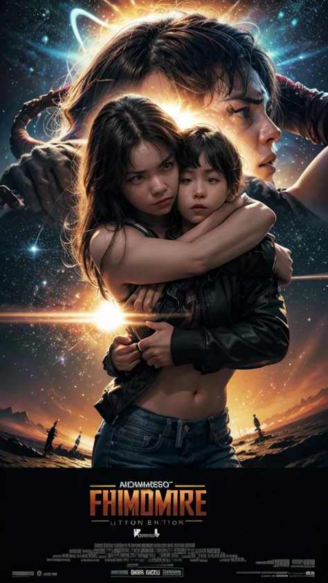 masterpiece in 8k, action movie poster, the protagonist hugs a girl, explosions, A planet, in front the title of the movie