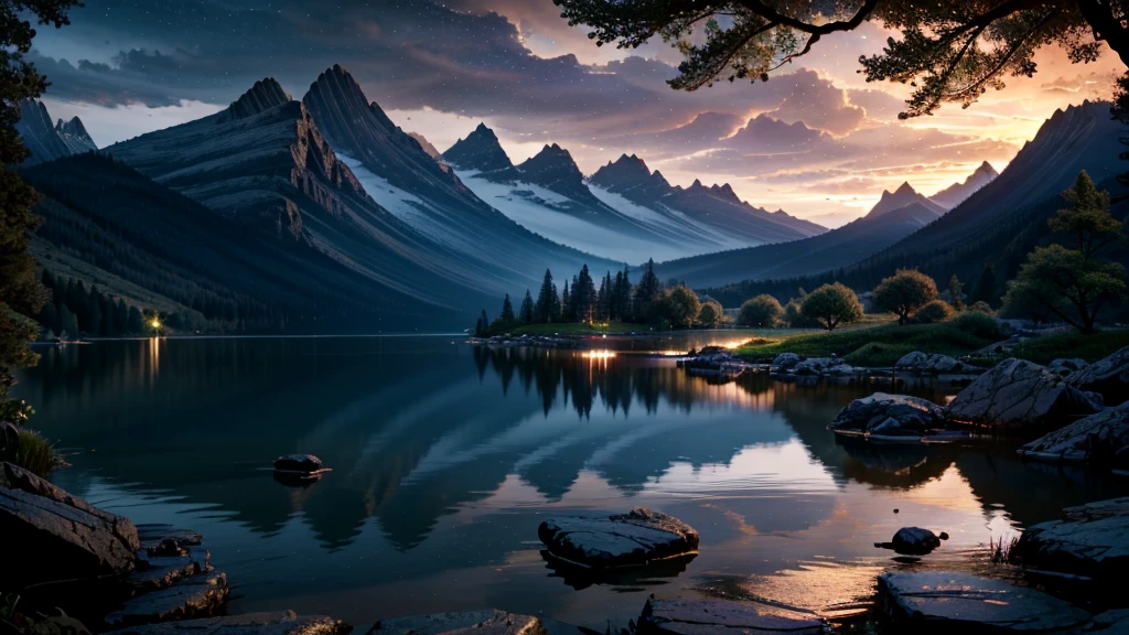 мирный темный пейзаж, спокойное озеро со скалами и горами, (Лучшее качество,4K,8К,Высокое разрешение,шедевр:1.2),ультрадетализированный,(реалистичный,photoреалистичный,photo-реалистичный:1.37),драматическое освещение, угрюмая атмосфера, безмятежный, спокойный, атмосферный, кинематографический, силуэты гор на фоне звездного ночного неба, стоячая вода, отражающая небо, зазубренные камни вдоль берега, пышная зелень вокруг озера, (кинематографический lighting:1.2),(Драматические тени:1.1),приглушенная цветовая палитра, глубокий синий и фиолетовый