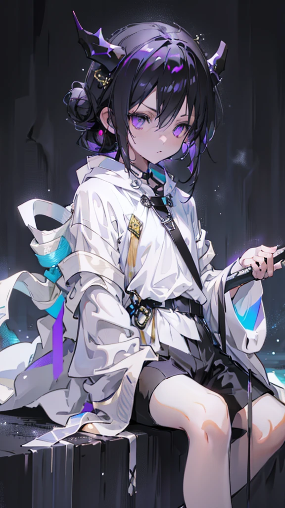 boy, thoughtful look, open forehead, black and purple hair braided into a ponytail on the left side in a bun. small curly black horns wrapped in white ribbon, pale violet eyes, short dark purple shorts. Long white t-shirt. dark purple knee socks. dark purple hooded robe, with a pattern of gold circles and a white robe on the inside. dark corridor with stairs, rays of light fall from above