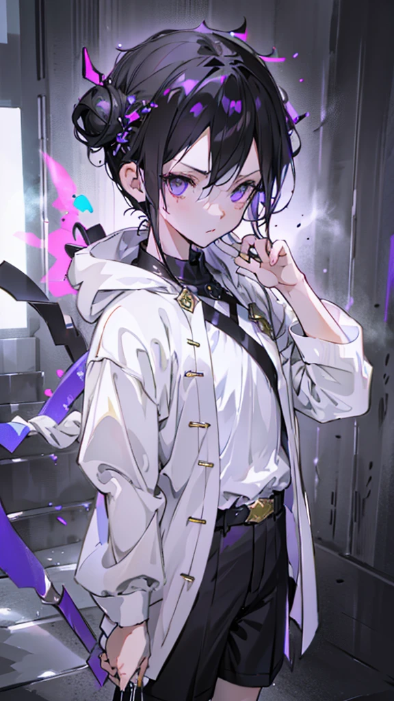 boy, thoughtful look, open forehead, black and purple hair braided into a ponytail on the left side in a bun. small curly black horns wrapped in white ribbon, pale violet eyes, short dark purple shorts. Long white t-shirt. dark purple knee socks. dark purple hooded robe, with a pattern of gold circles and a white robe on the inside. dark corridor with stairs, rays of light fall from above