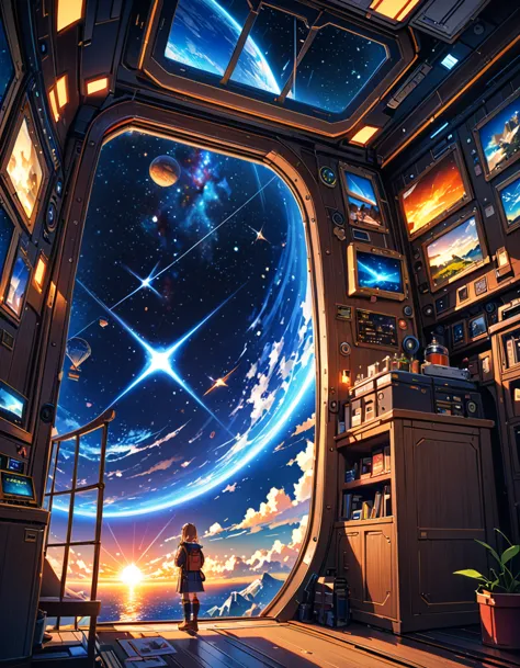 Spectacular views of the galaxy from an airship cabin, (Ultra-high resolution,8K),Fantasy, The world of picture books
