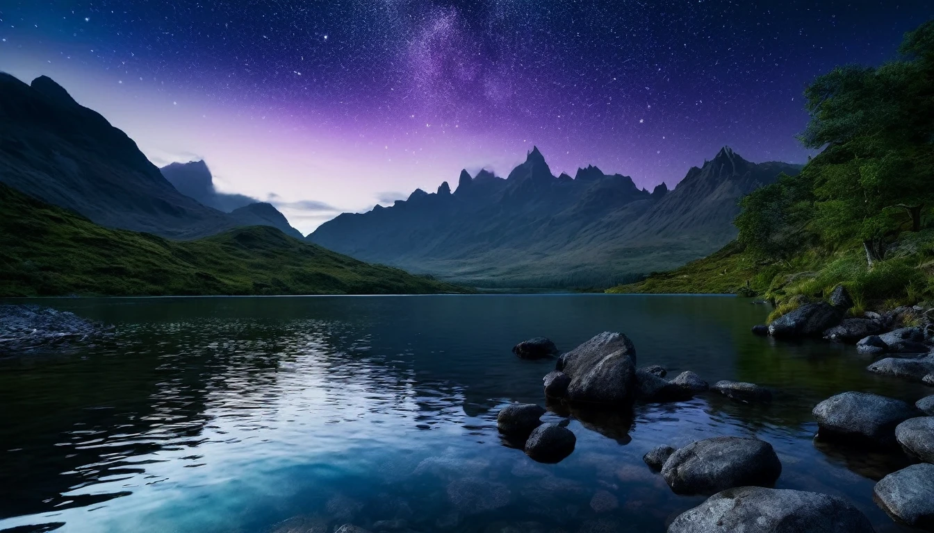 a peaceful dark landscape, calm lake with rocks and mountains, (best quality,4k,8k,highres,masterpiece:1.2),ultra-detailed,(realistic,photorealistic,photo-realistic:1.37),dramatic lighting, moody atmosphere, serene, tranquil, atmospheric, cinematic, mountains silhouetted against a starry night sky, still water reflecting the sky, jagged rocks along the shore, lush greenery surrounding the lake, (cinematic lighting:1.2),(dramatic shadows:1.1),muted color palette, deep blues and purples