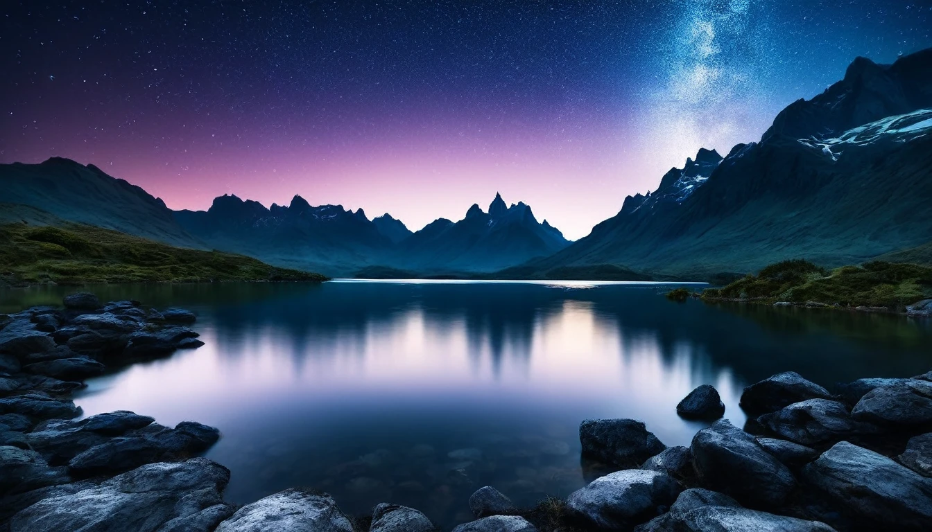 a peaceful dark landscape, calm lake with rocks and mountains, (best quality,4k,8k,highres,masterpiece:1.2),ultra-detailed,(realistic,photorealistic,photo-realistic:1.37),dramatic lighting, moody atmosphere, serene, tranquil, atmospheric, cinematic, mountains silhouetted against a starry night sky, still water reflecting the sky, jagged rocks along the shore, lush greenery surrounding the lake, (cinematic lighting:1.2),(dramatic shadows:1.1),muted color palette, deep blues and purples
