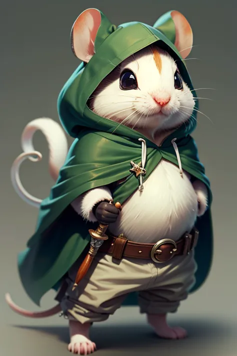 solo, white mouse, wearing green hooded cape, belt with pouch, holding a rapier, cute, realistic mouse