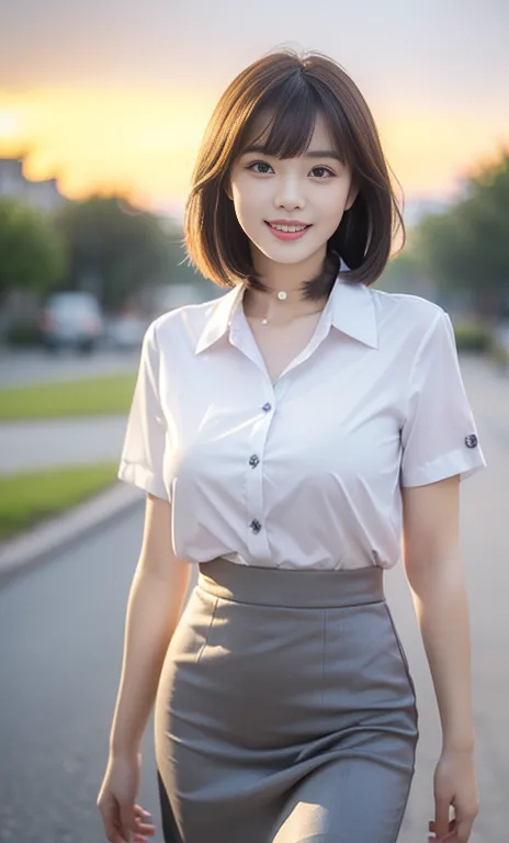 (A gorgeous Chinese office lady, age 22, wearing formal office attire, short-sleeve white shirt with collar and buttons, grey pe...